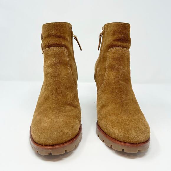 Tory Burch Sofia 85mm Lug Sole Suede Gold Hardware Logo Stacked Heel Bootie US 8 - Picture 5 of 10